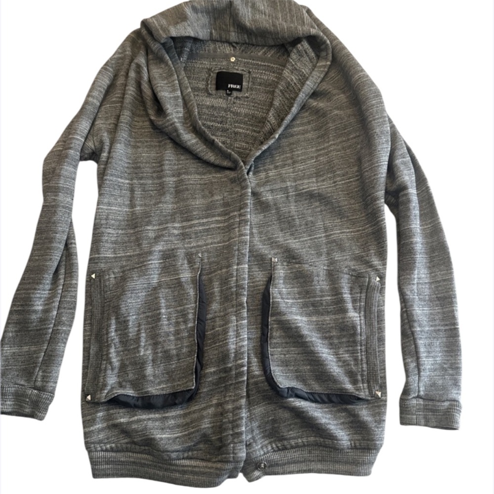 Wilfred Free women's gray open-front hoodie cardigan with front pockets. Size S